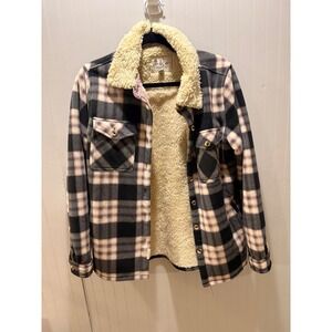 Soho Threads Womens Plaid Sherpa Lined Shacket Jacket‎ Pink Black White Medium